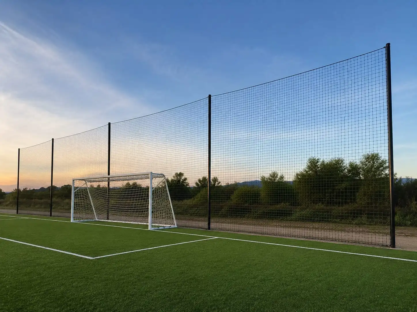 Cancha con malla retenedora y portería al atardecer